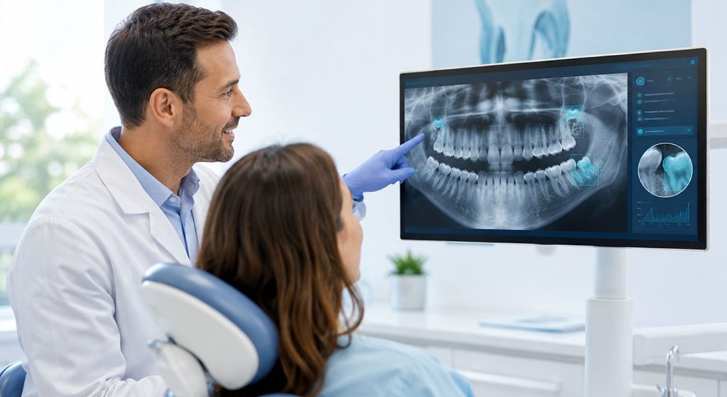 Dentista mostrando a una paciente una radiografía dental analizada con inteligencia artificial